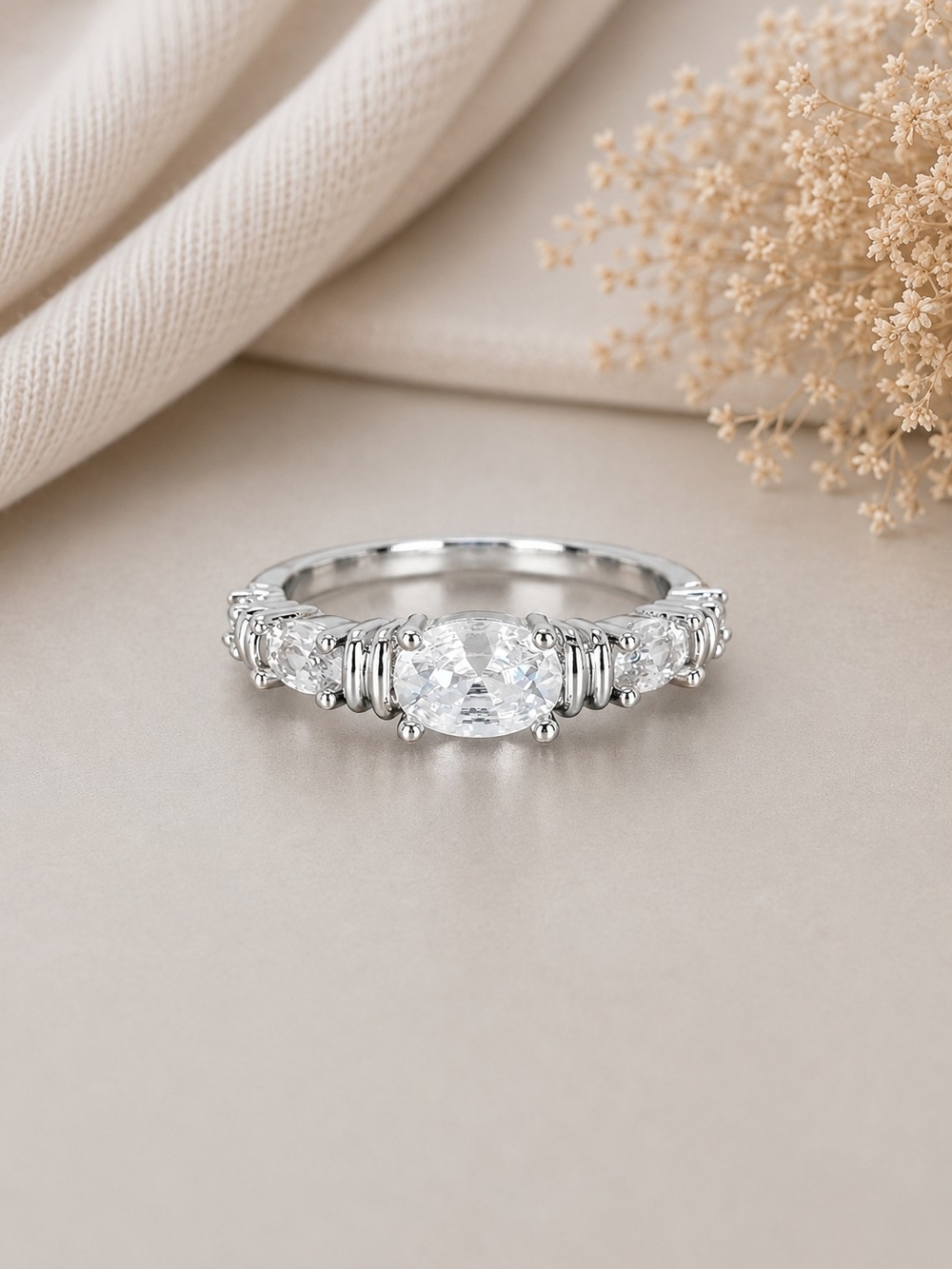 Silver Oval Three Stone Ring